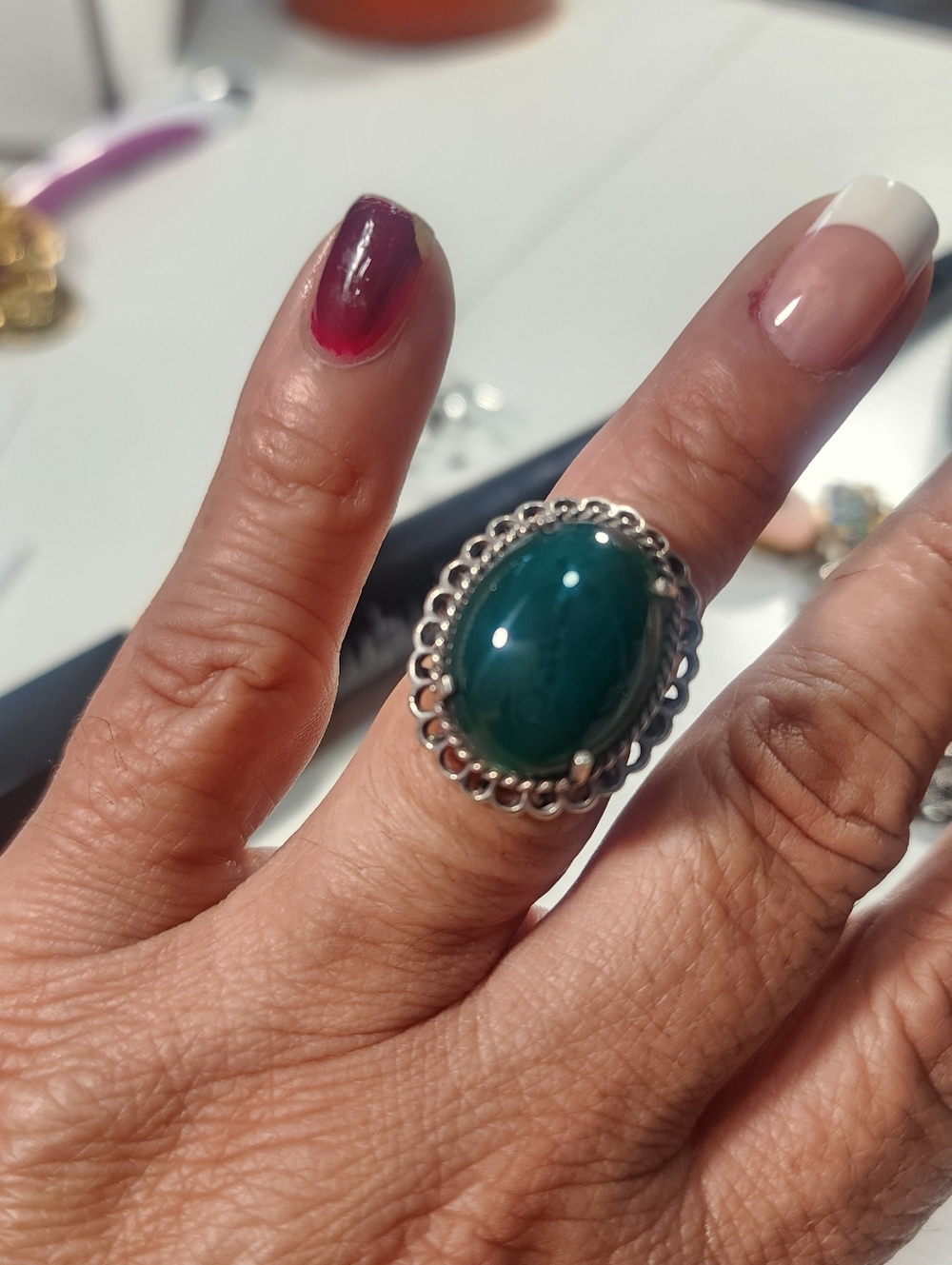 “Vintage Sterling Silver Large Oval Green Onyx Cabochon Statement Ring Boho”. 7